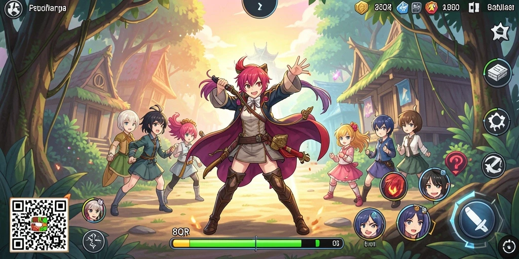 Tampilan gameplay dari 8QR dengan karakter anime yang menarik.