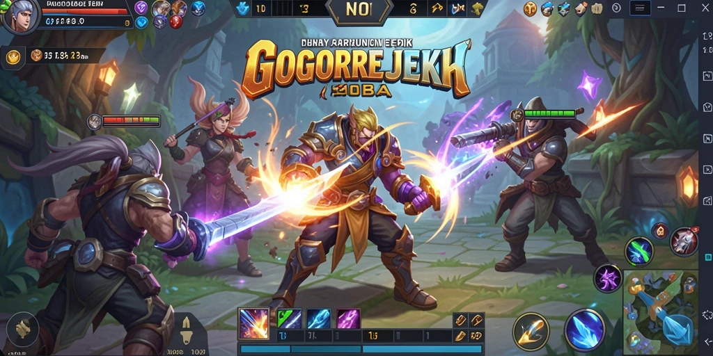 Screenshot GOGOREJEKI menampilkan aksi pertarungan epik dalam arena MOBA.