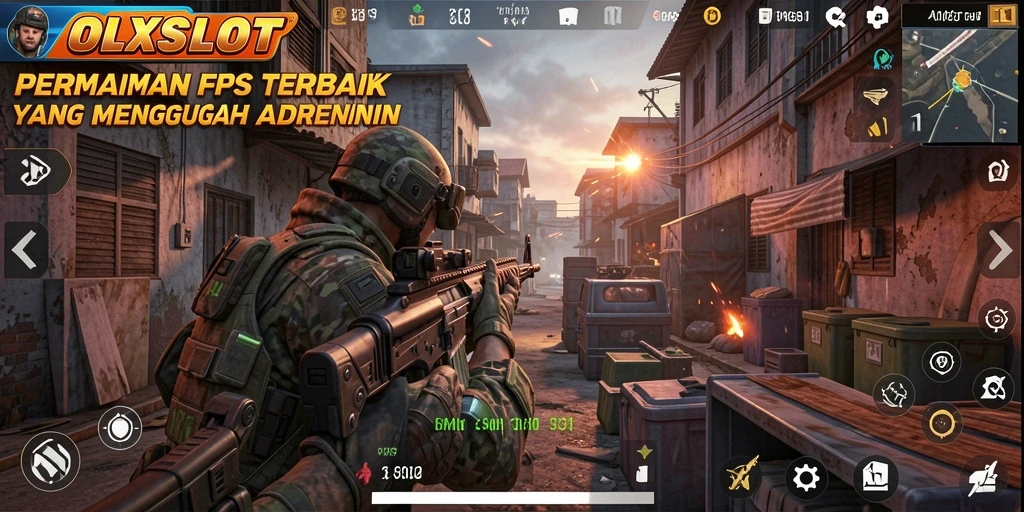 Screenshot OLXSLOT menunjukkan aksi menegangkan dalam permainan FPS.